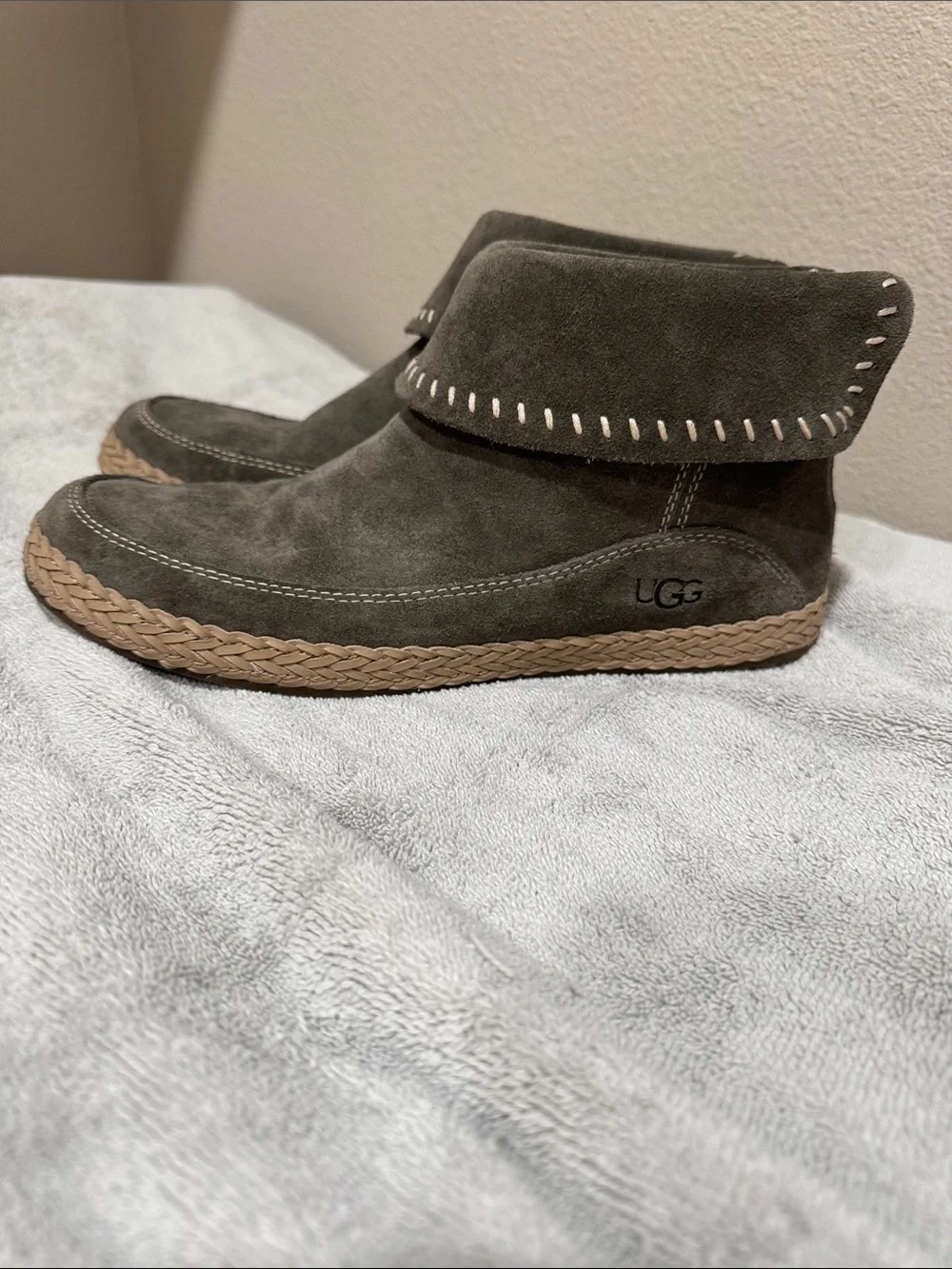 UGG Women Olive Green Suede Ankle Boots with Braided Trim